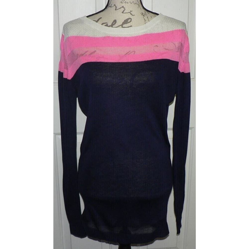 John + Jenn Lightweight Sheer Stripe Sweater Mini Dress Navy/Pink/Wht Medium $99